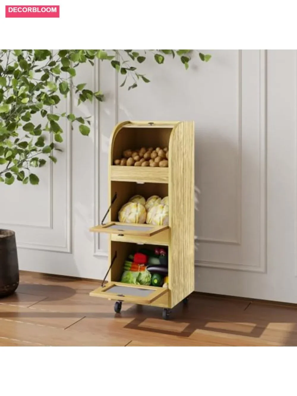 3-Tier Potato Onion Storage Bin with Wheels & Mesh Doors Bread Box Natural